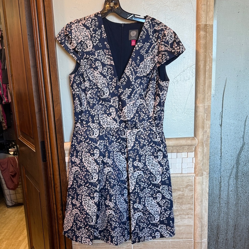Vince Camuto Navy and Cream Paisley Midi Dress